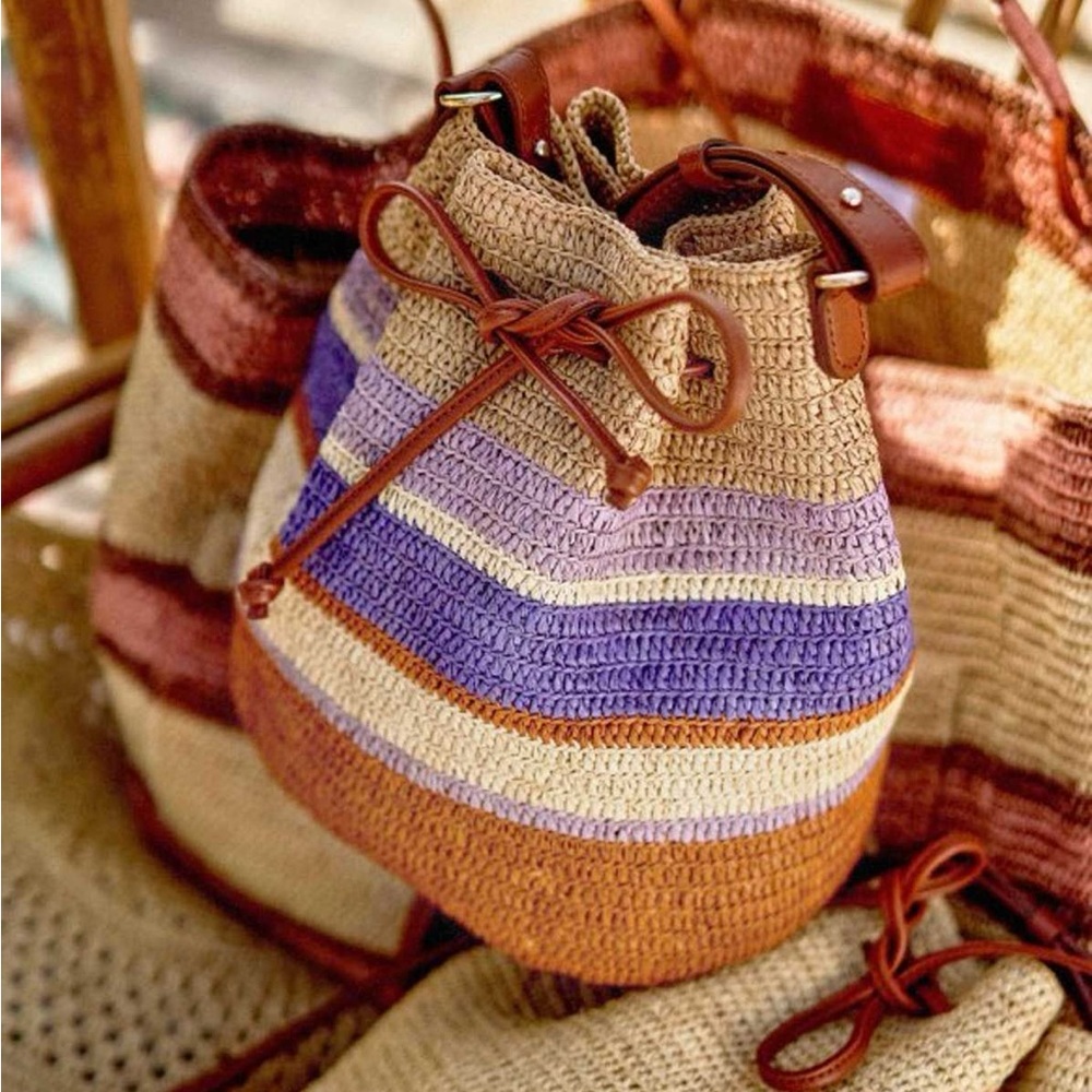 Sezane Farrow Multi Caramel & Purple Raffia Bucket Bag